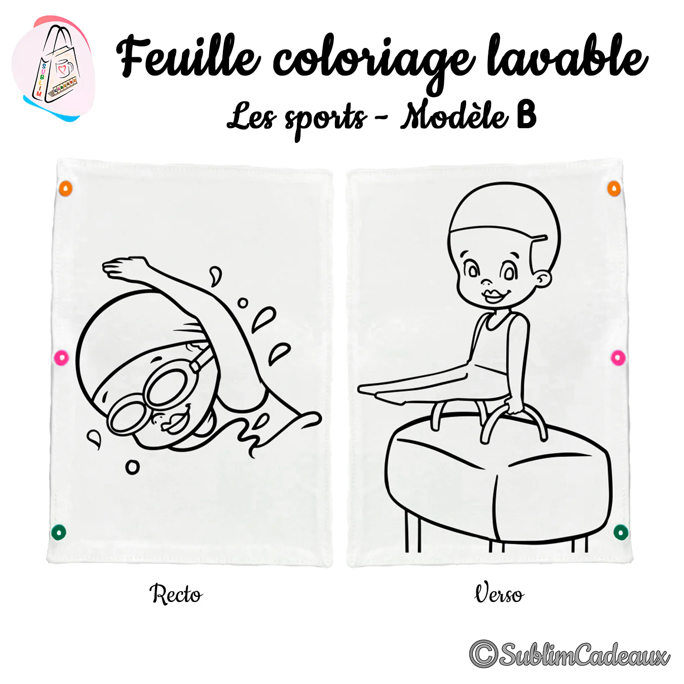 Nageur en bonnet et lunettes et un gymnaste sur un cheval d'arçons, trait noir à colorier sur feuille lavable, recto verso