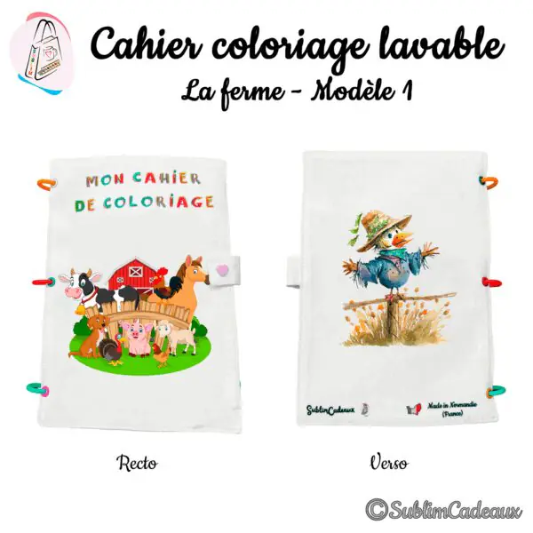 Cahier de coloriage lavable à anneaux, couverture imprimée d'animaux de ferme devant une grange rouge, épouvantail au dos
