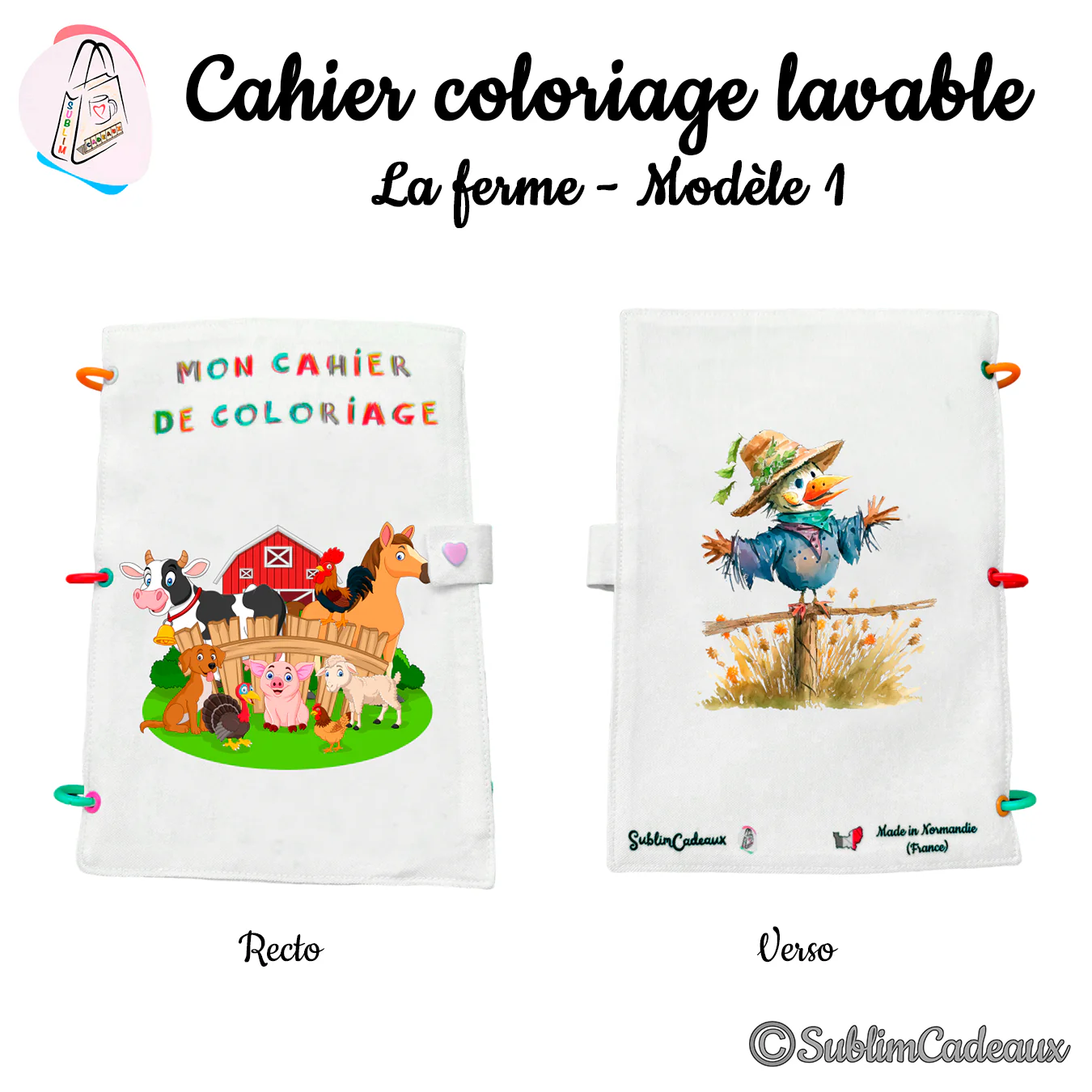 Cahier de coloriage lavable à anneaux, couverture imprimée d'animaux de ferme devant une grange rouge, épouvantail au dos
