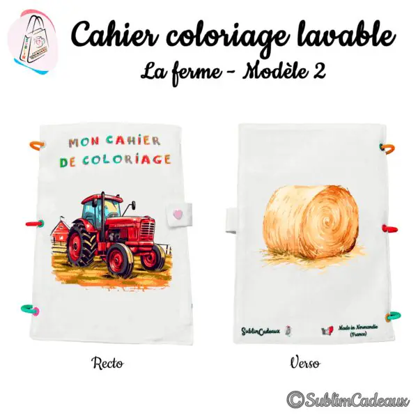 Couverture de cahier de coloriage lavable, tracteur rouge dans un champ, et une botte de foin ronde au dos, reliure à anneaux