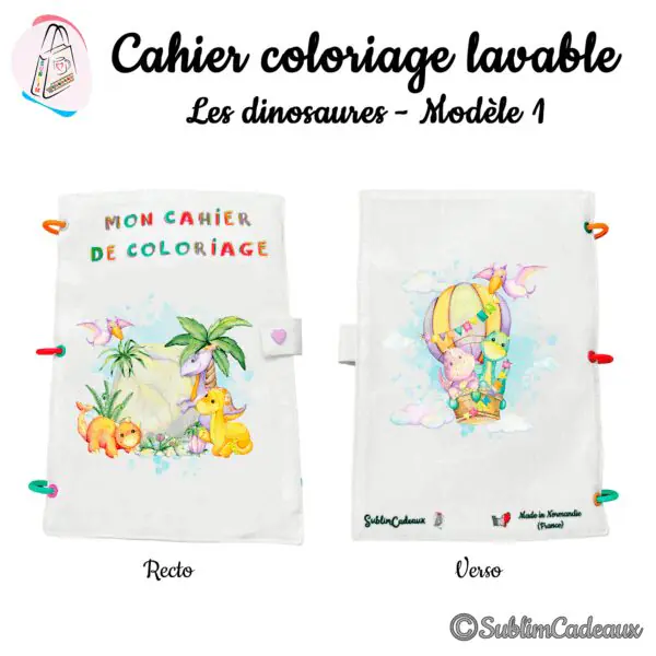Cahier de coloriage lavable à anneaux, couverture aquarelle de bébés dinosaures colorés, dinosaures en montgolfière au dos