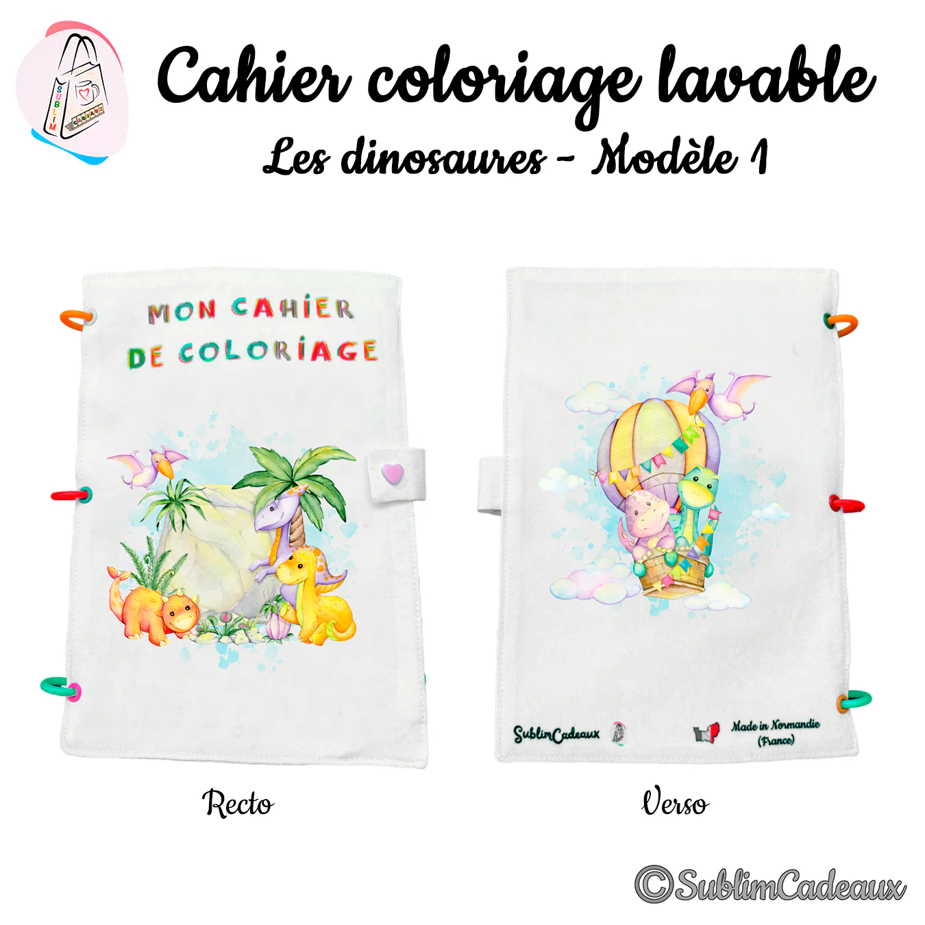 Cahier de coloriage lavable à anneaux, couverture aquarelle de bébés dinosaures colorés, dinosaures en montgolfière au dos