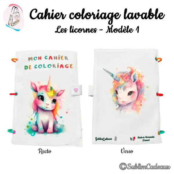 Petite licorne aquarelle arc-en-ciel imprimée sur un cahier de coloriage lavable à anneaux, portrait de licorne au dos