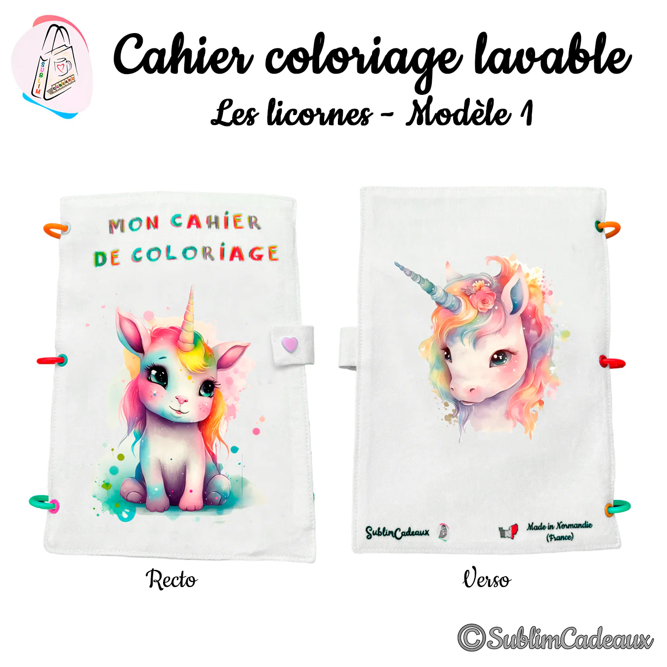 Petite licorne aquarelle arc-en-ciel imprimée sur un cahier de coloriage lavable à anneaux, portrait de licorne au dos