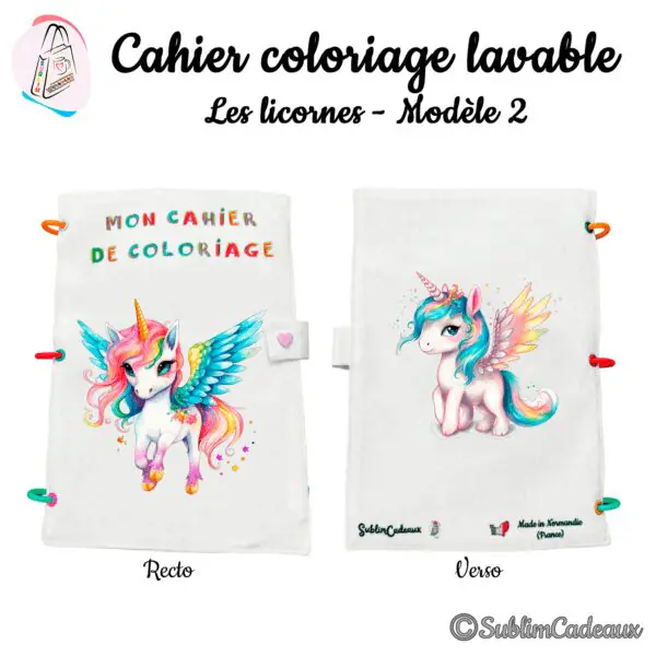 Licorne ailée aux ailes bleutées et à la crinière arc-en-ciel, aquarelle imprimée sur un cahier de coloriage lavable à anneaux