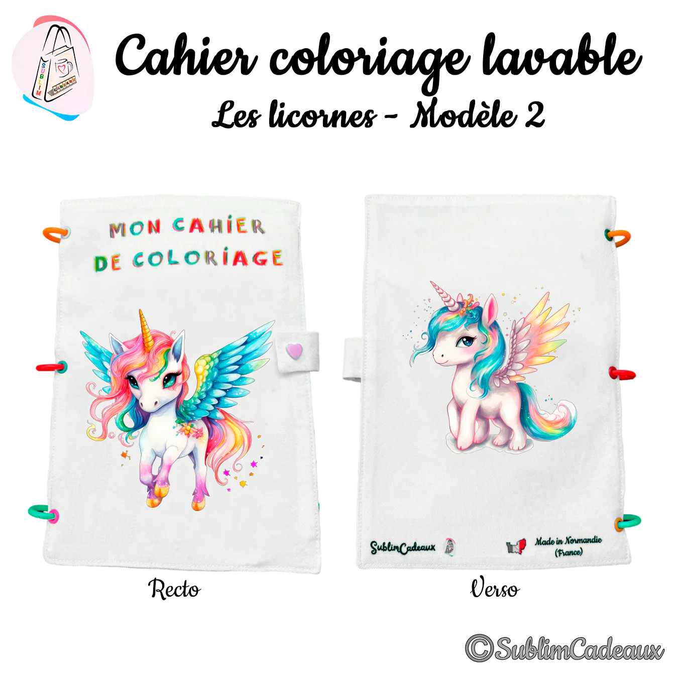 Licorne ailée aux ailes bleutées et à la crinière arc-en-ciel, aquarelle imprimée sur un cahier de coloriage lavable à anneaux