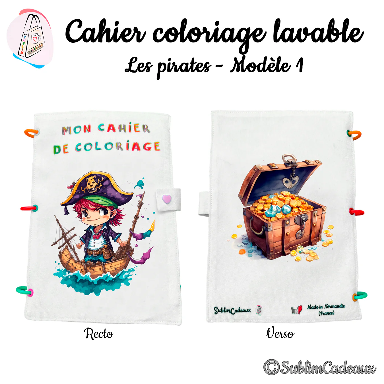 Jeune pirate à chapeau sur une barque en mer, coffre au trésor rempli de pièces d'or au dos, cahier de coloriage lavable