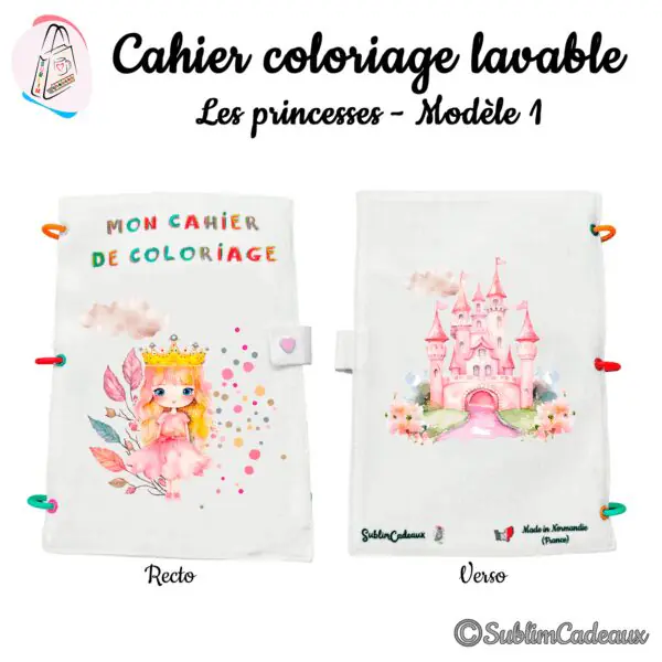 Cahier de coloriage lavable en tissu, recto avec une princesse à couronne en robe rose, verso avec un château rose