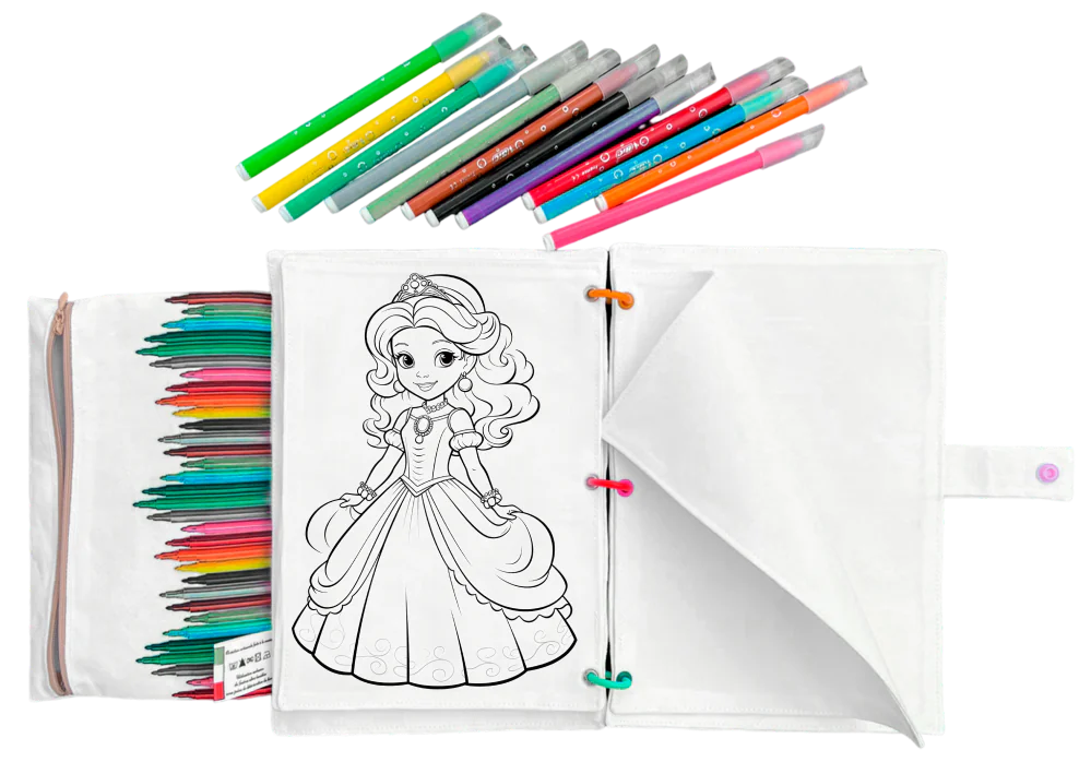 Coloriage lavable en tissu representant une princesse a colorier, avec sa trousse de feutres multicolores