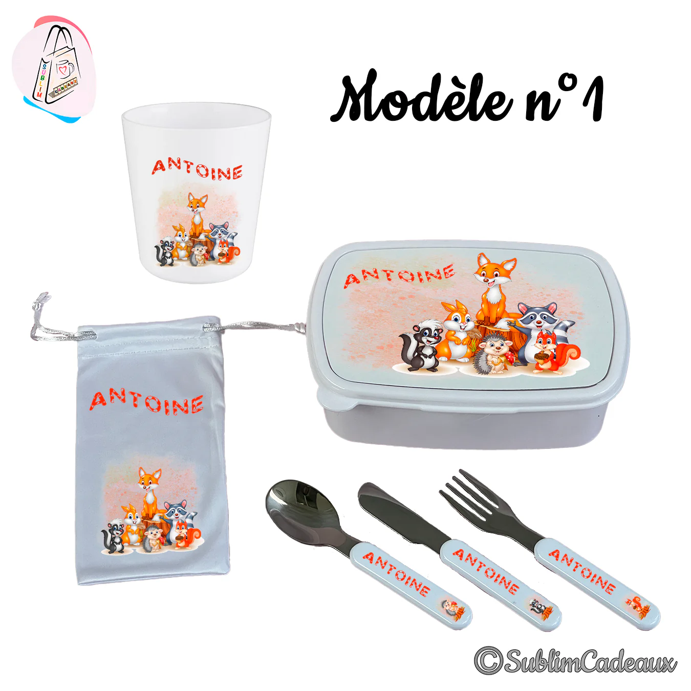 Ensemble repas enfant complet : gobelet, boîte, pochette et couverts imprimés d'animaux de la forêt, prénom en rouge