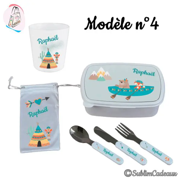Ensemble repas enfant : gobelet, boîte, pochette et couverts, ours et renard en pirogue et tipi coloré, prénom turquoise