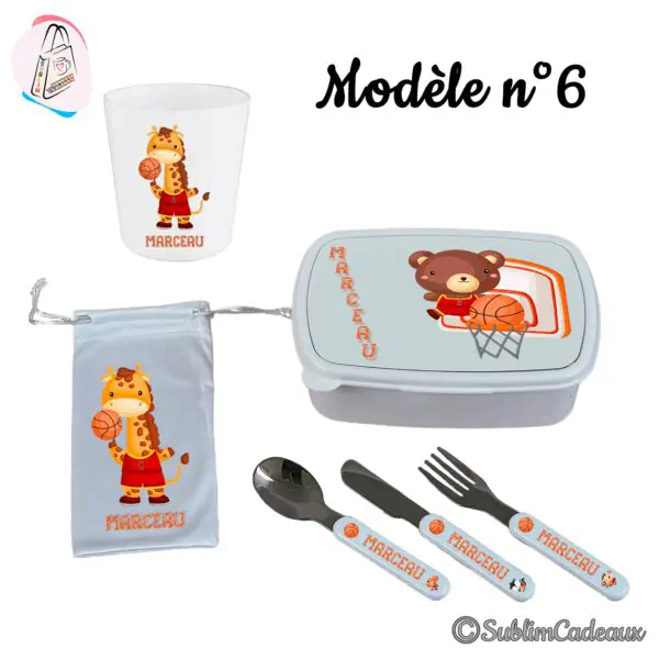 Ensemble repas enfant : gobelet, boîte, pochette et couverts imprimés d'une girafe et d'un ours basketteurs, prénom orange