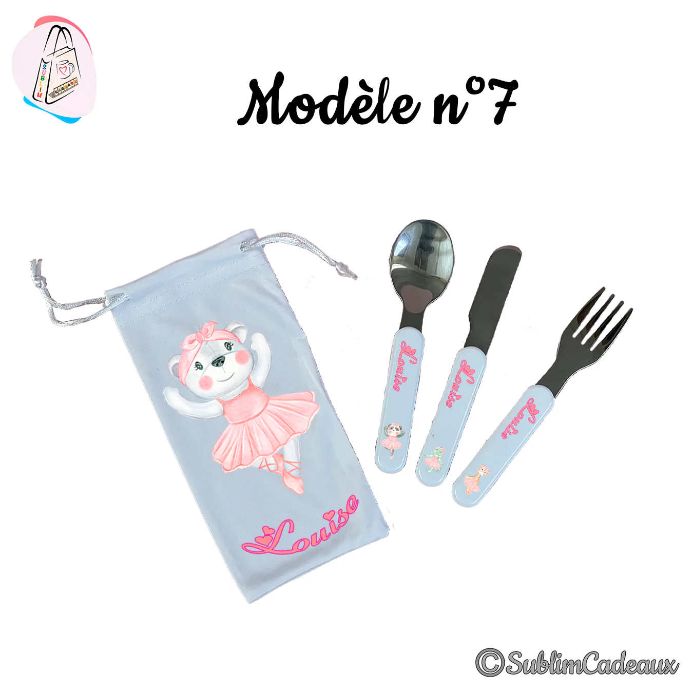 Couverts enfant en inox et pochette assortie, ourson danseuse en tutu rose imprimé, prénom Louise en rose