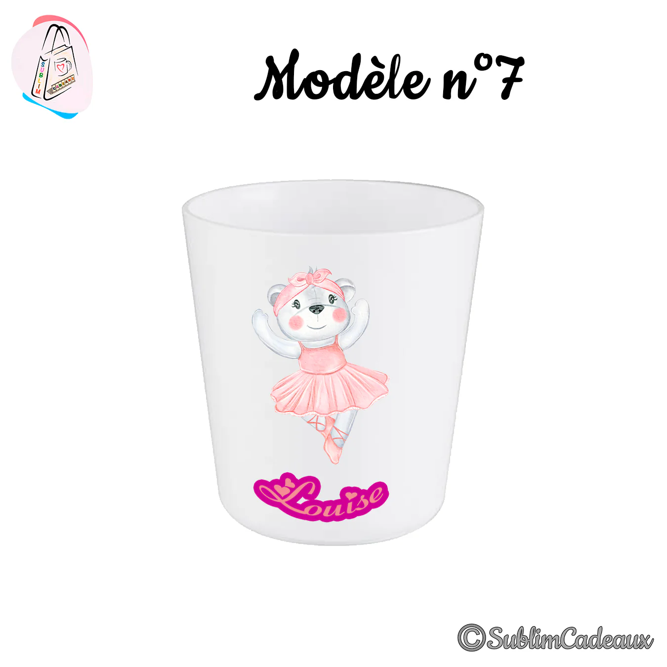 Gobelet en plastique translucide imprime d'un ourson habille en ballerine, tutu rose, avec le prenom Louise en rose