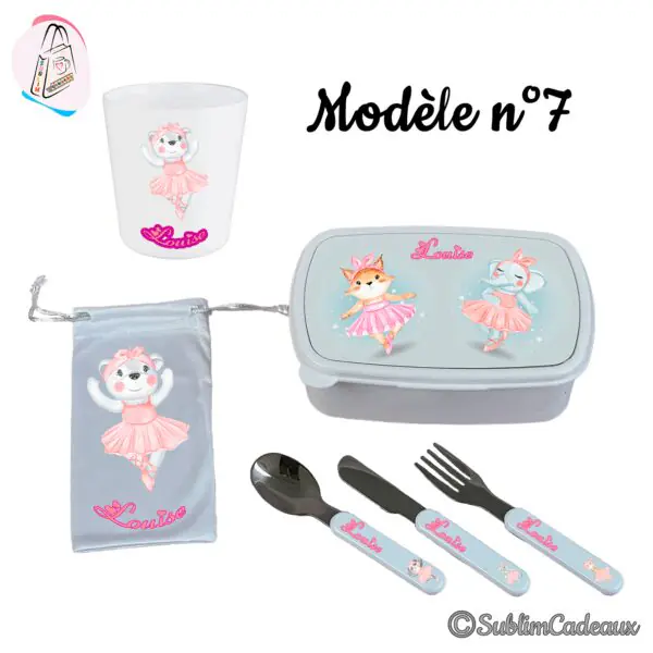 Ensemble repas enfant : gobelet, boîte, pochette et couverts imprimés d'animaux ballerines en tutu rose, prénom en rose