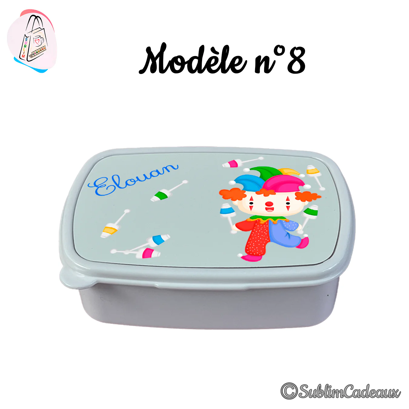 Boîte à goûter enfant grise, couvercle imprimé d'un clown jongleur coloré et de quilles, prénom Elouan