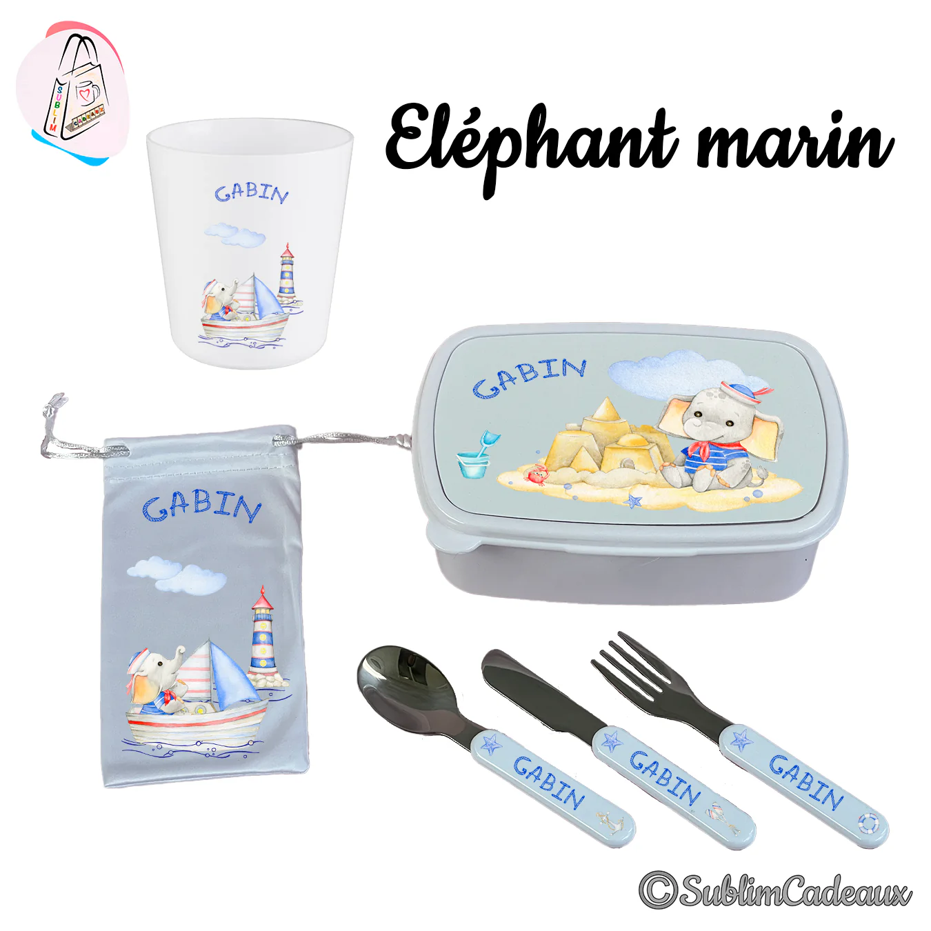 Ensemble repas enfant : gobelet, boîte, pochette et couverts imprimés d'un éléphant matelot, voilier et phare, prénom bleu
