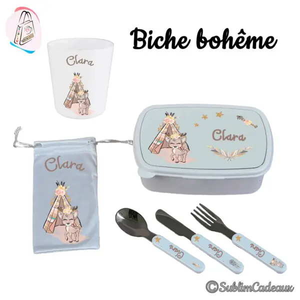 Ensemble repas enfant : gobelet, boîte, pochette et couverts imprimés d'un faon fleuri et d'un tipi bohème, prénom beige