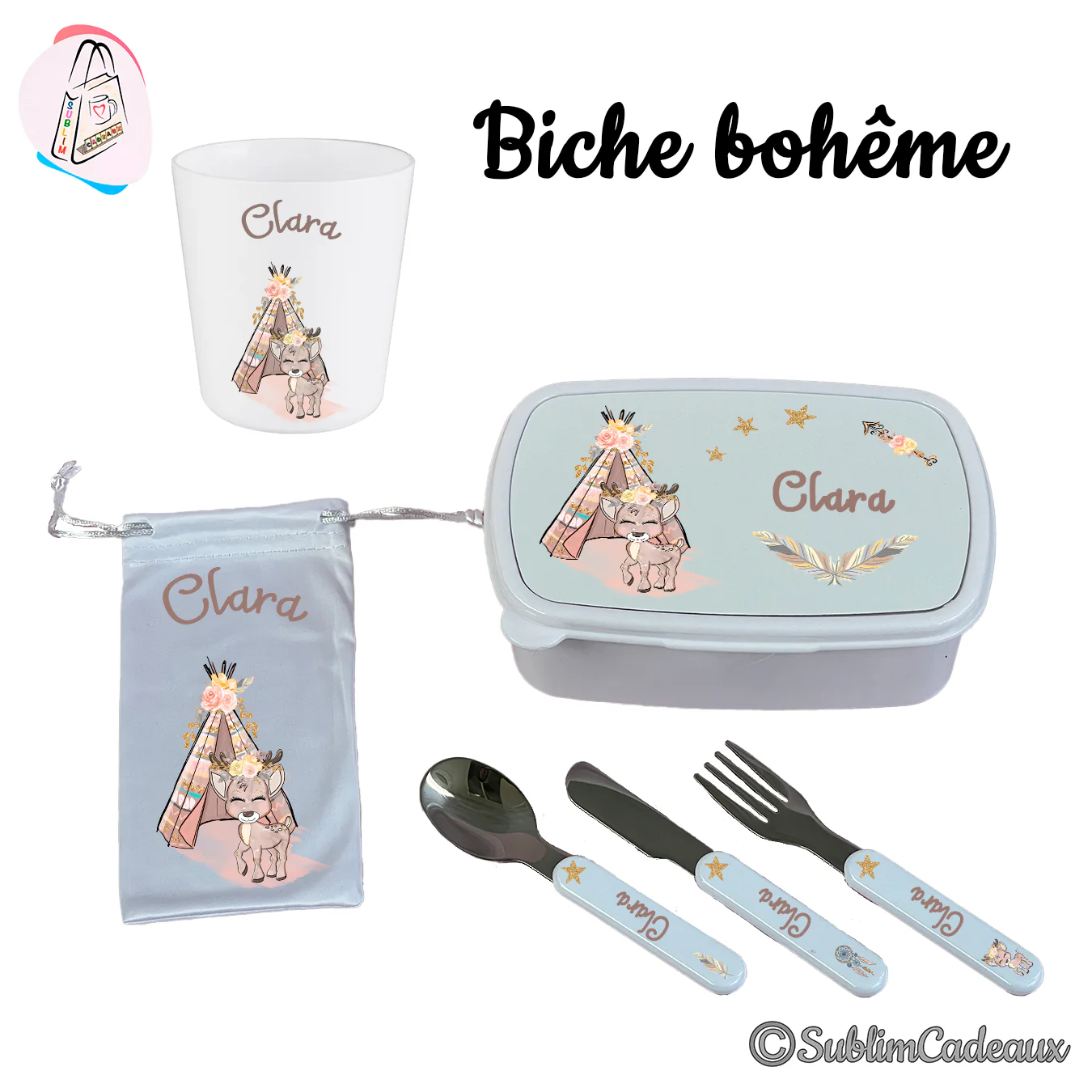 Ensemble repas enfant : gobelet, boîte, pochette et couverts imprimés d'un faon fleuri et d'un tipi bohème, prénom beige