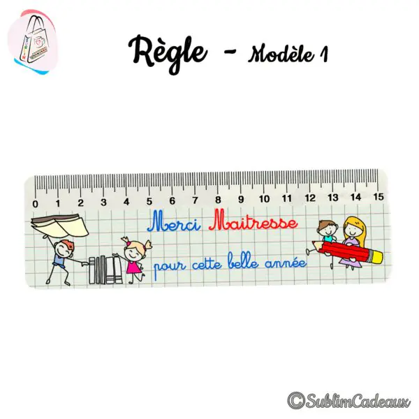 Règle plastique de 15 cm imprimée « Merci Maîtresse pour cette belle année » avec des dessins d'enfants et de livres