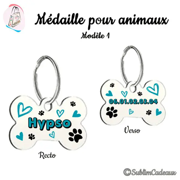 Médaille pour animaux en forme d'os, recto et verso, imprimée d'un nom, de cœurs et de pattes turquoise, numéro au dos