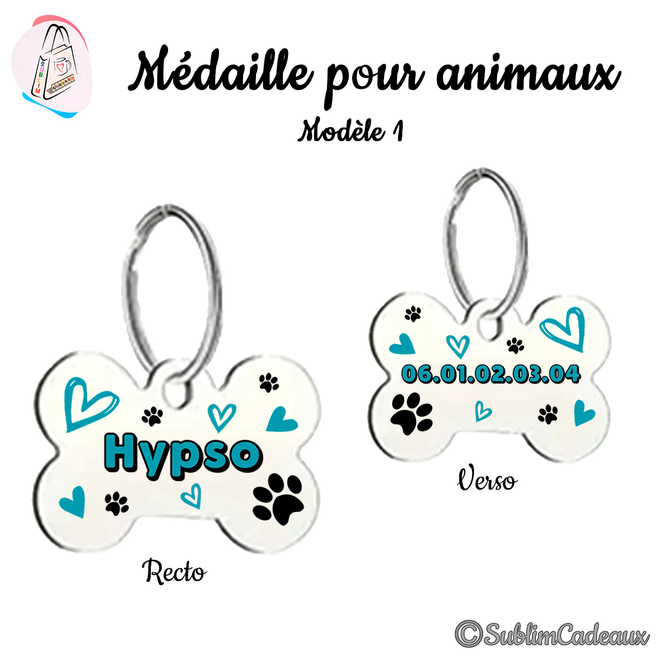 Médaille pour animaux en forme d'os, recto et verso, imprimée d'un nom, de cœurs et de pattes turquoise, numéro au dos