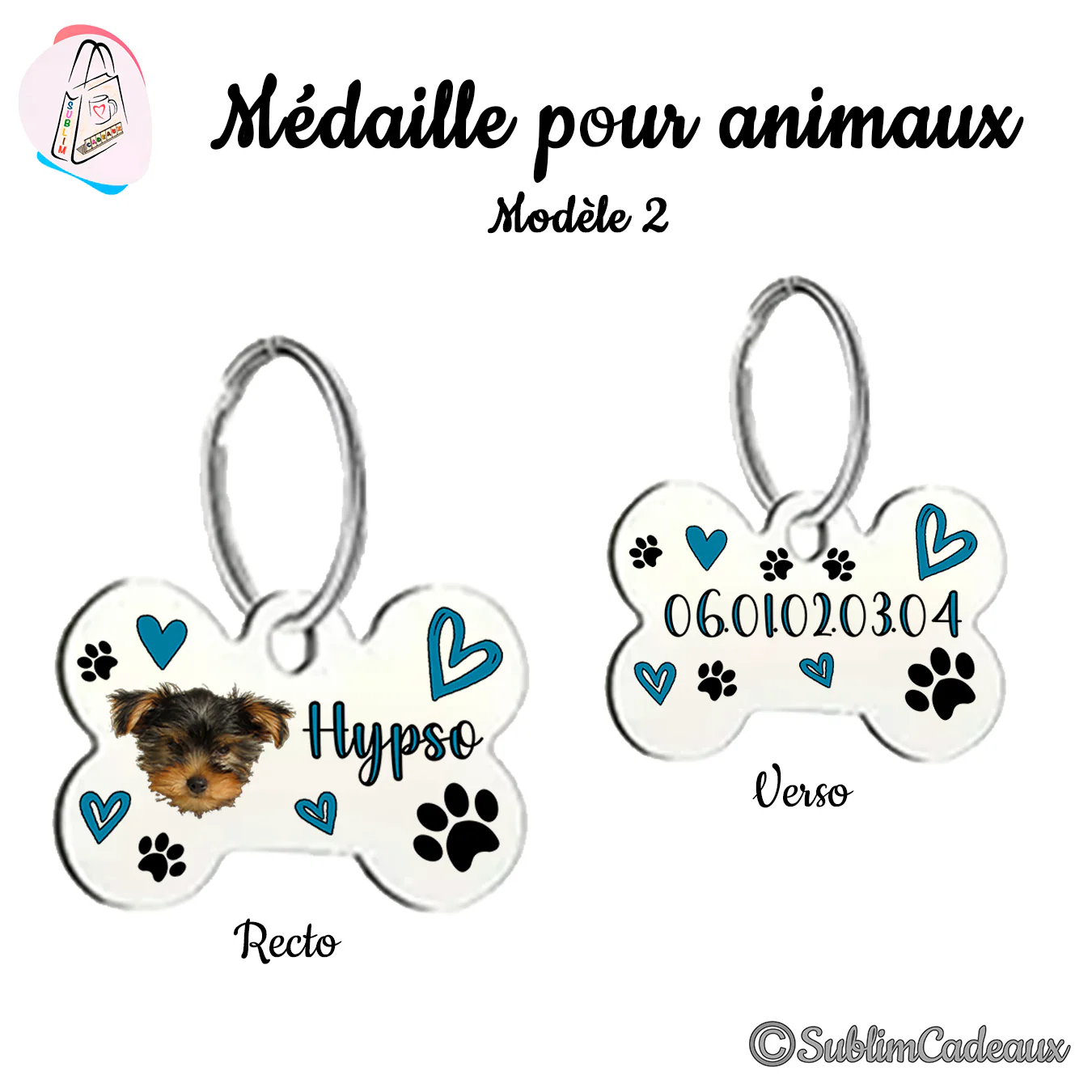 Médaille pour animaux en forme d'os, recto avec photo d'un chiot yorkshire et un nom, verso avec un numéro, cœurs et pattes
