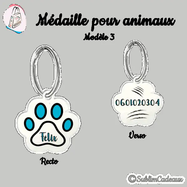 Médaille pour animaux en forme de patte, recto à coussinets turquoise avec un nom, verso avec un numéro et griffures