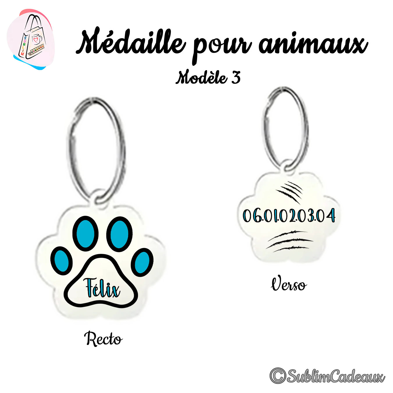 Médaille pour animaux en forme de patte, recto à coussinets turquoise avec un nom, verso avec un numéro et griffures