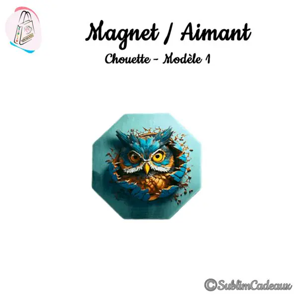 Magnet octogonal turquoise imprimé d'une chouette bleue et orange surgissant d'un mur fissuré, effet 3D