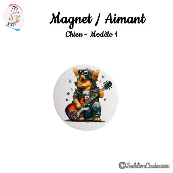 Magnet rond imprimé d'un chien rockeur en blouson de cuir jouant de la guitare électrique rouge, étoiles grises