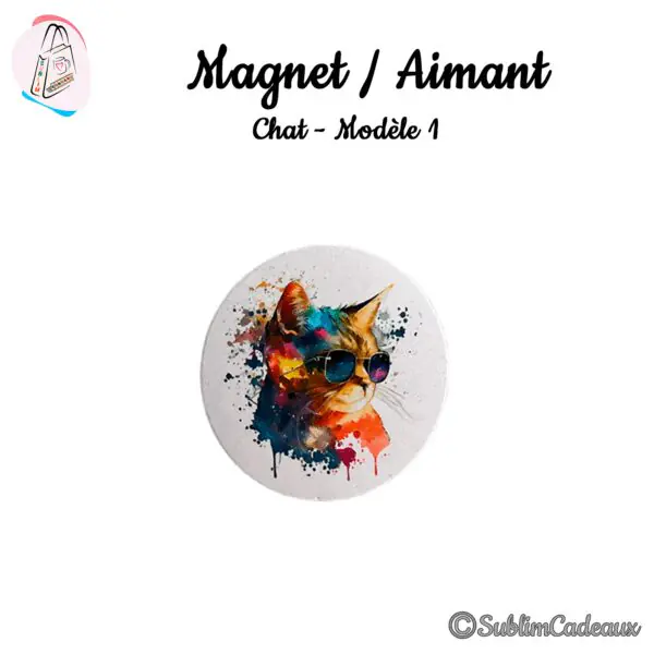 Magnet rond imprimé d'une tête de chat multicolore façon aquarelle portant des lunettes de soleil