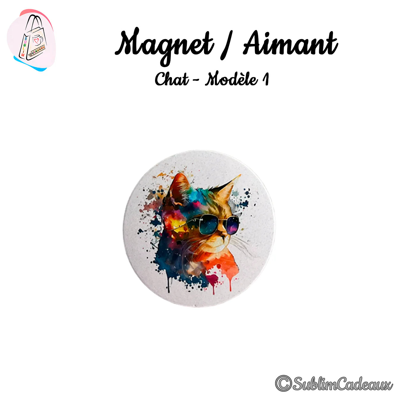 Magnet rond imprimé d'une tête de chat multicolore façon aquarelle portant des lunettes de soleil