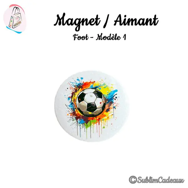 Magnet rond imprimé d'un ballon de football entouré d'éclaboussures de peinture multicolores