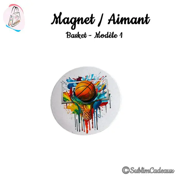 Magnet rond imprimé d'un ballon de basket au-dessus d'un panier, éclaboussures de peinture multicolores