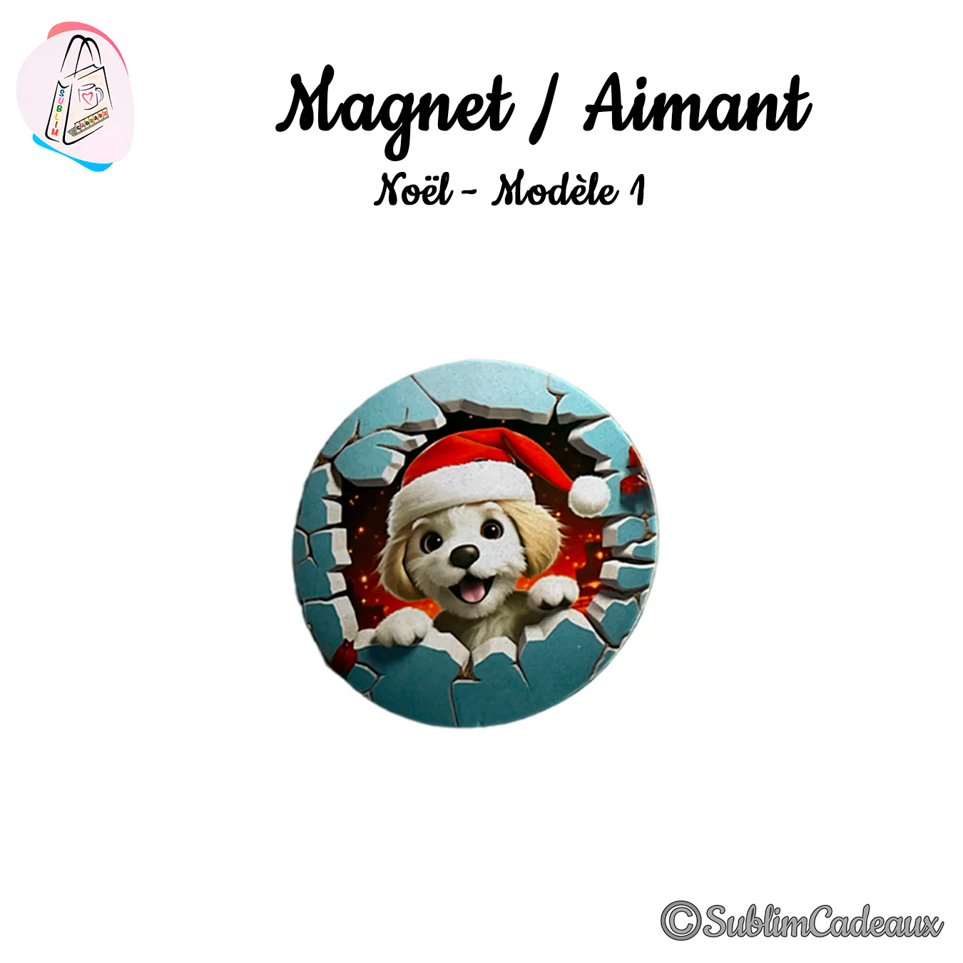 Magnet rond imprimé d'un chiot blanc coiffé d'un bonnet de Noël rouge, surgissant d'un mur fissuré turquoise