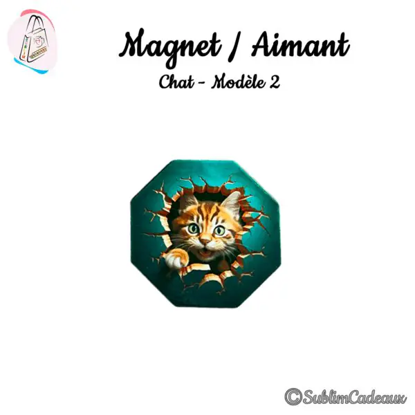 Magnet octogonal vert canard imprimé d'un chaton roux tigré surgissant d'un mur fissuré, effet 3D