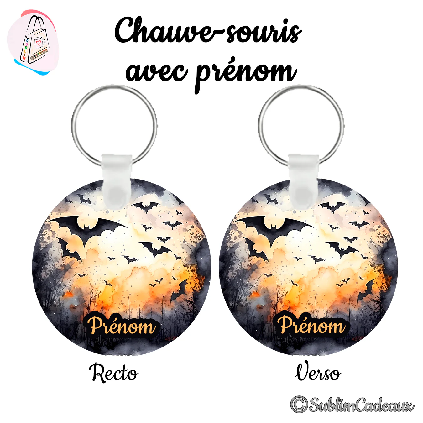 Porte-clés rond imprimé d'une nuée de chauves-souris noires dans un ciel nuageux orangé, avec la mention Prénom