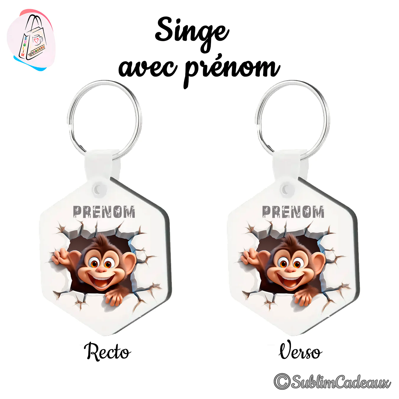 Porte-clés hexagonal blanc imprimé d'un singe cartoon surgissant d'un mur fissuré, avec la mention Prénom