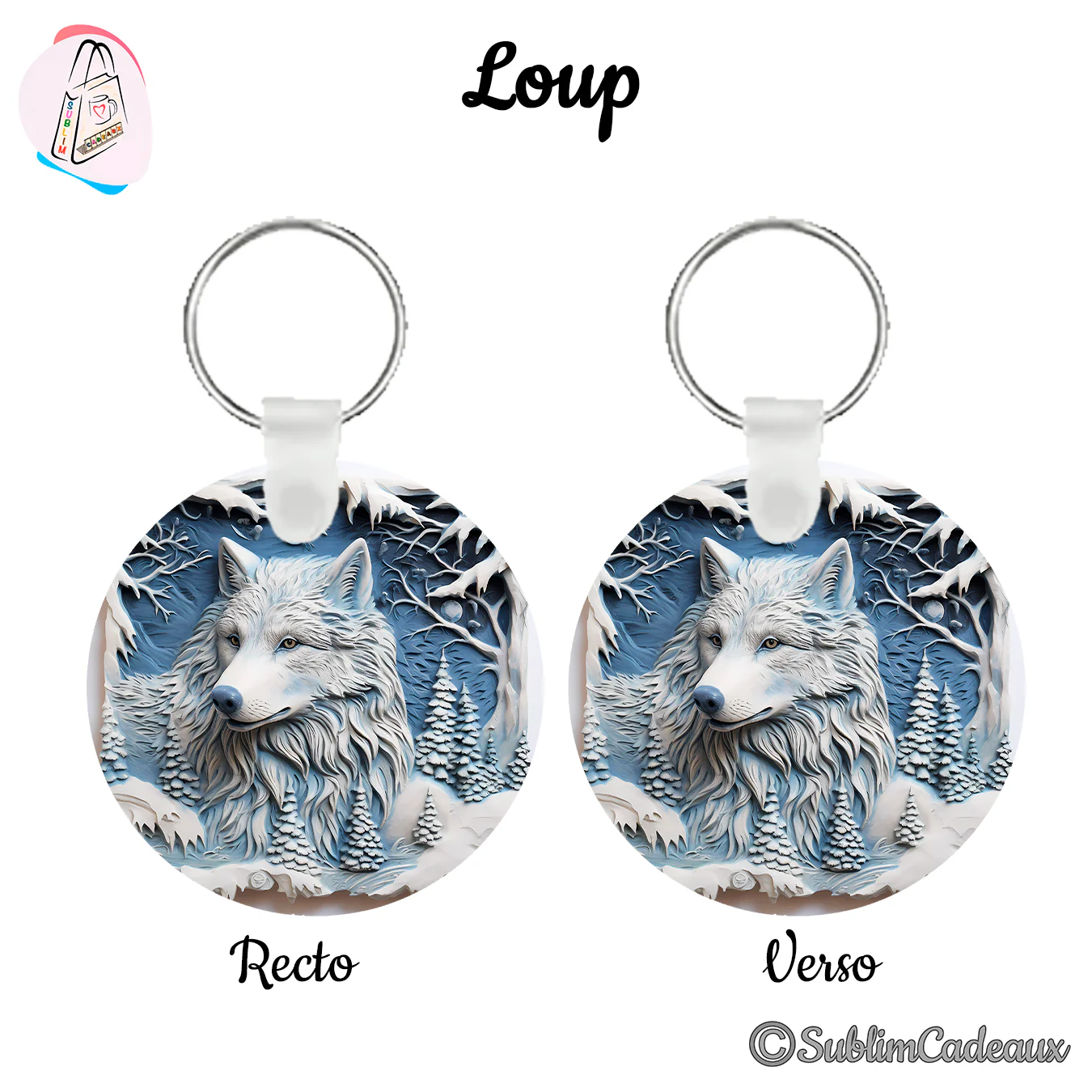 Porte-clés rond imprimé d'un loup blanc en relief 3D dans une forêt enneigée sur fond bleu, sapins