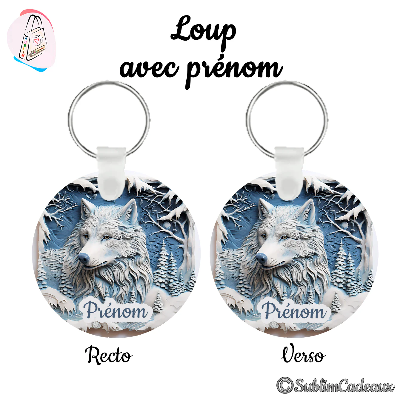 Porte-clés rond imprimé d'un loup blanc en relief dans une forêt enneigée bleutée, avec la mention Prénom