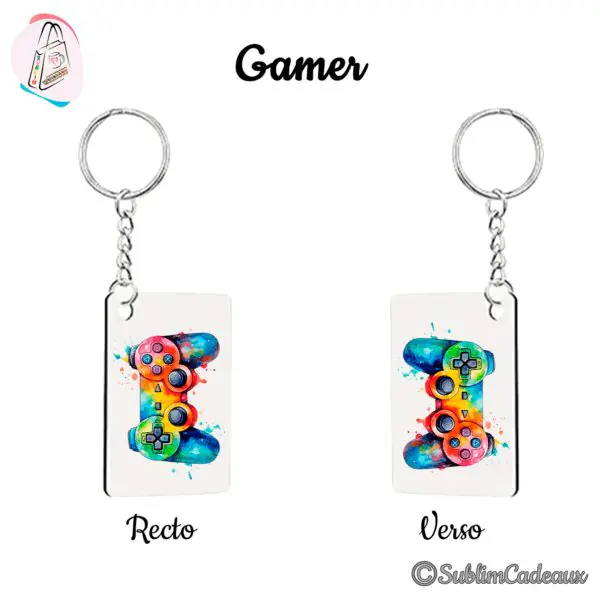 Porte-clés rectangulaire imprimé d'une manette de jeu vidéo multicolore façon aquarelle, éclaboussures de peinture