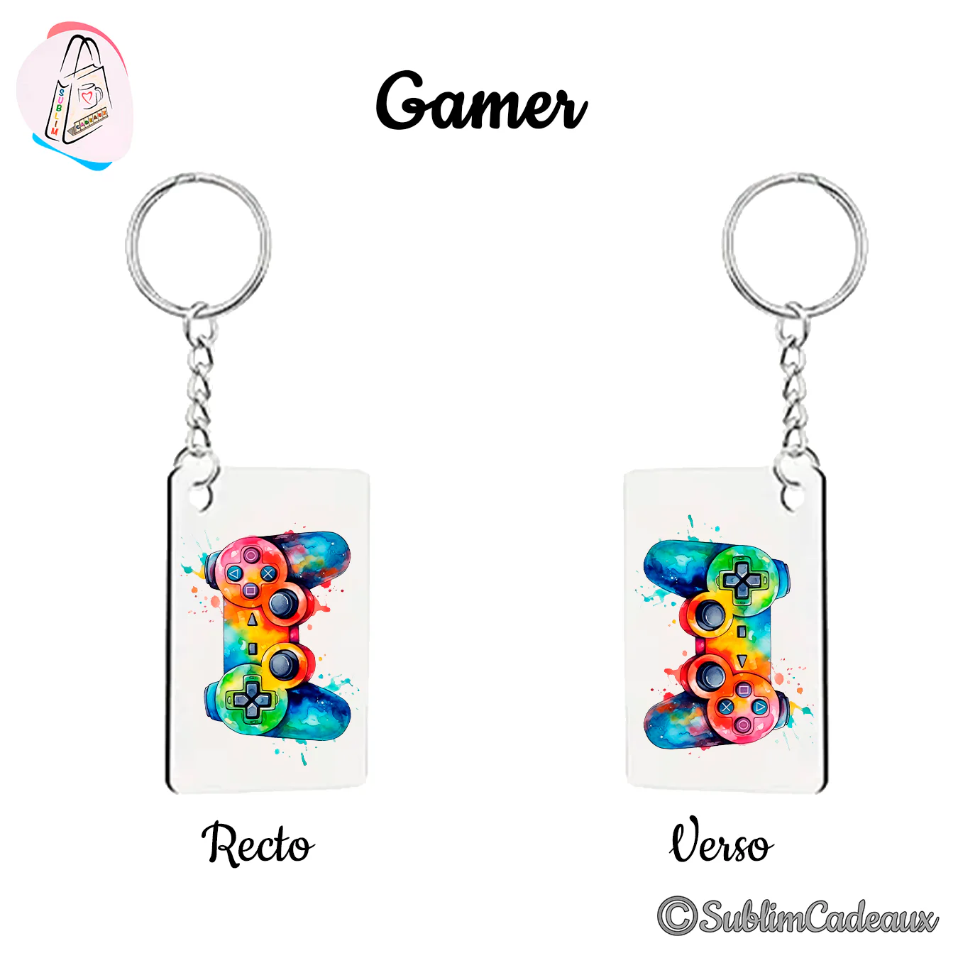 Porte-clés rectangulaire imprimé d'une manette de jeu vidéo multicolore façon aquarelle, éclaboussures de peinture