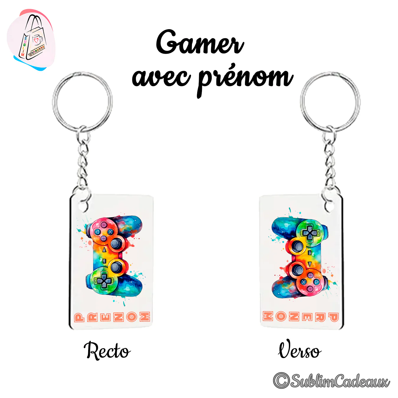 Porte-clés rectangulaire imprimé d'une manette de jeu multicolore façon aquarelle, avec la mention Prénom