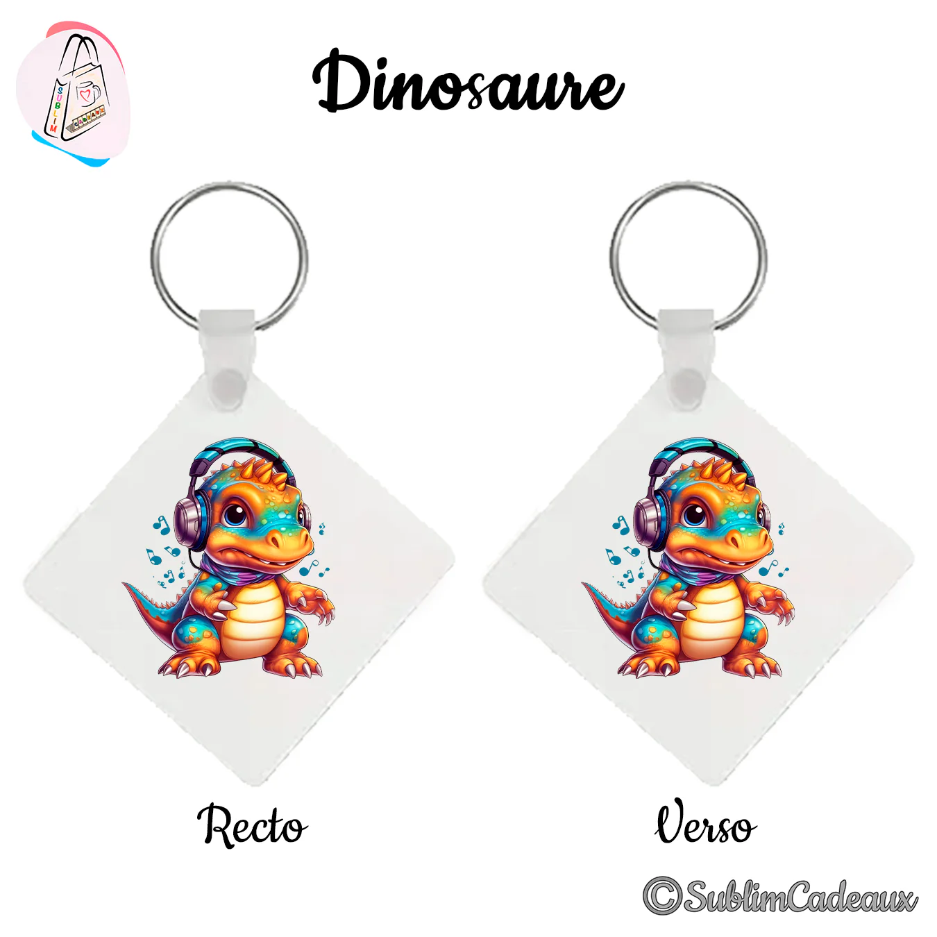 Porte-clés carré imprimé d'un petit dinosaure orange et bleu portant un casque audio, notes de musique