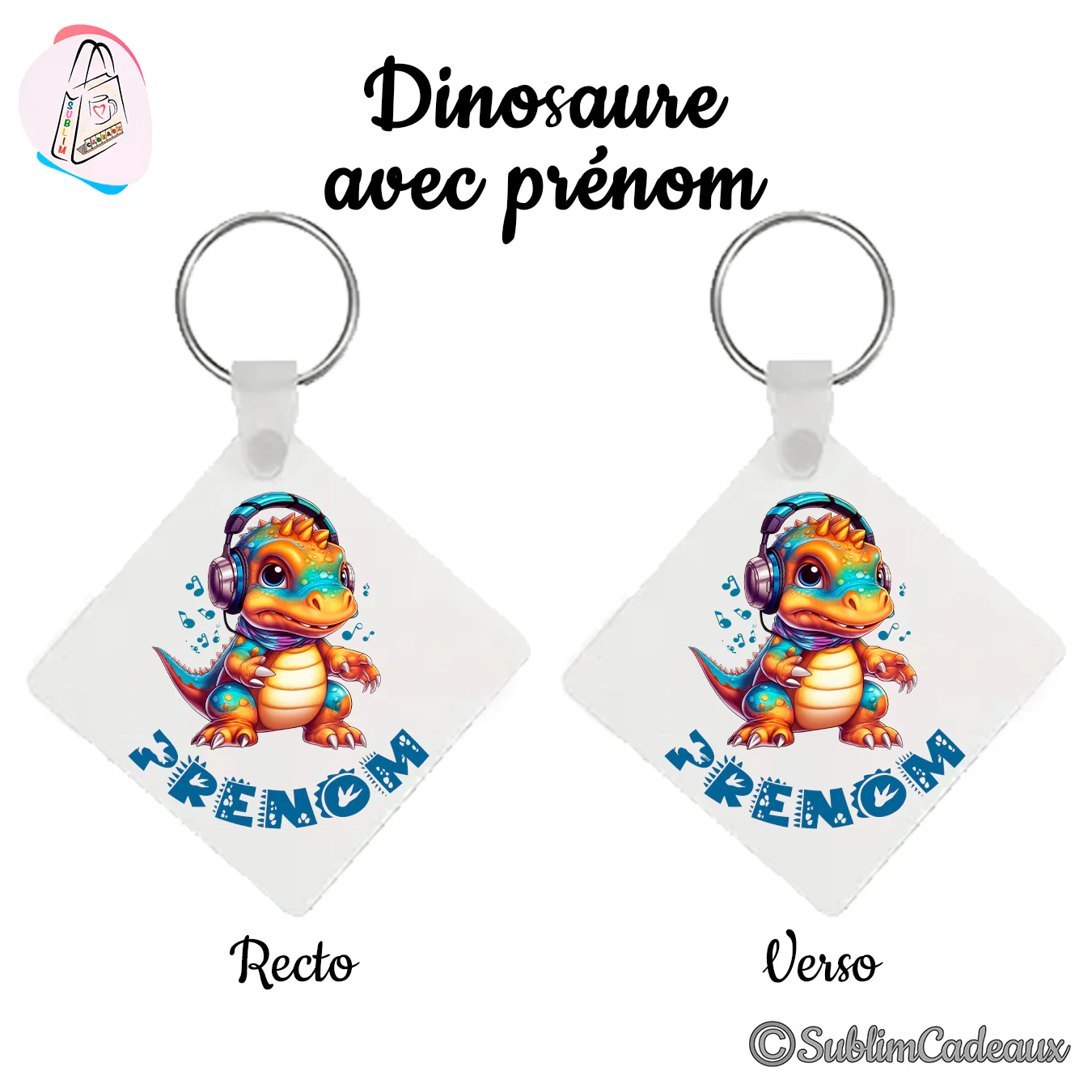 Porte-clés carré imprimé d'un dinosaure coloré avec un casque audio et des notes de musique, avec la mention Prénom