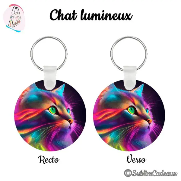 Porte-clés rond imprimé d'un profil de chat aux couleurs néon vives, rose, cyan et jaune, sur fond noir
