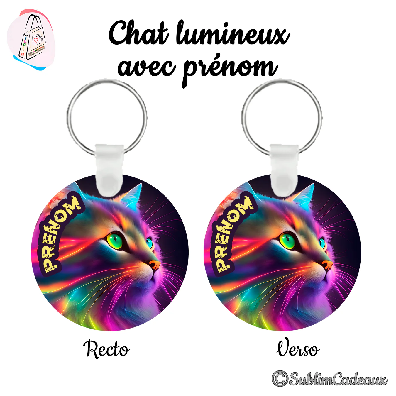 Porte-clés rond imprimé d'un profil de chat aux couleurs néon et aux moustaches lumineuses, avec la mention Prénom