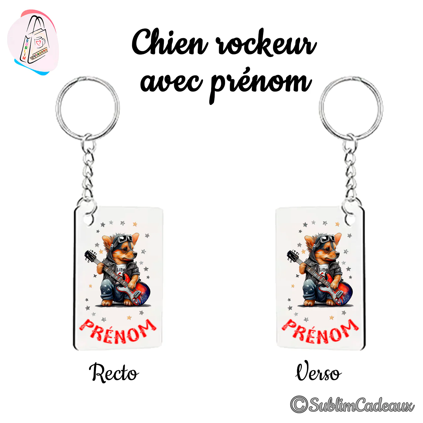 Porte-clés rectangulaire imprimé d'un chien rockeur en blouson tenant une guitare électrique rouge, avec la mention Prénom