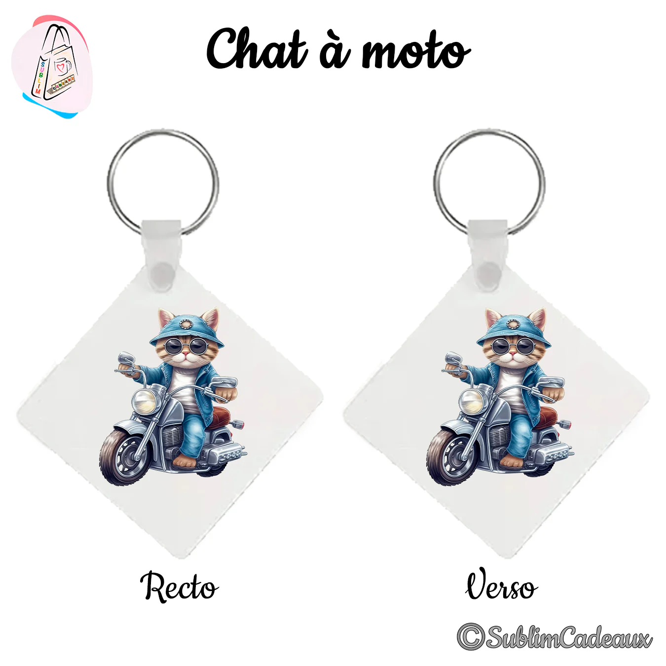 Porte-clés carré imprimé d'un chat en bob et veste en jean, lunettes rondes, chevauchant une moto grise